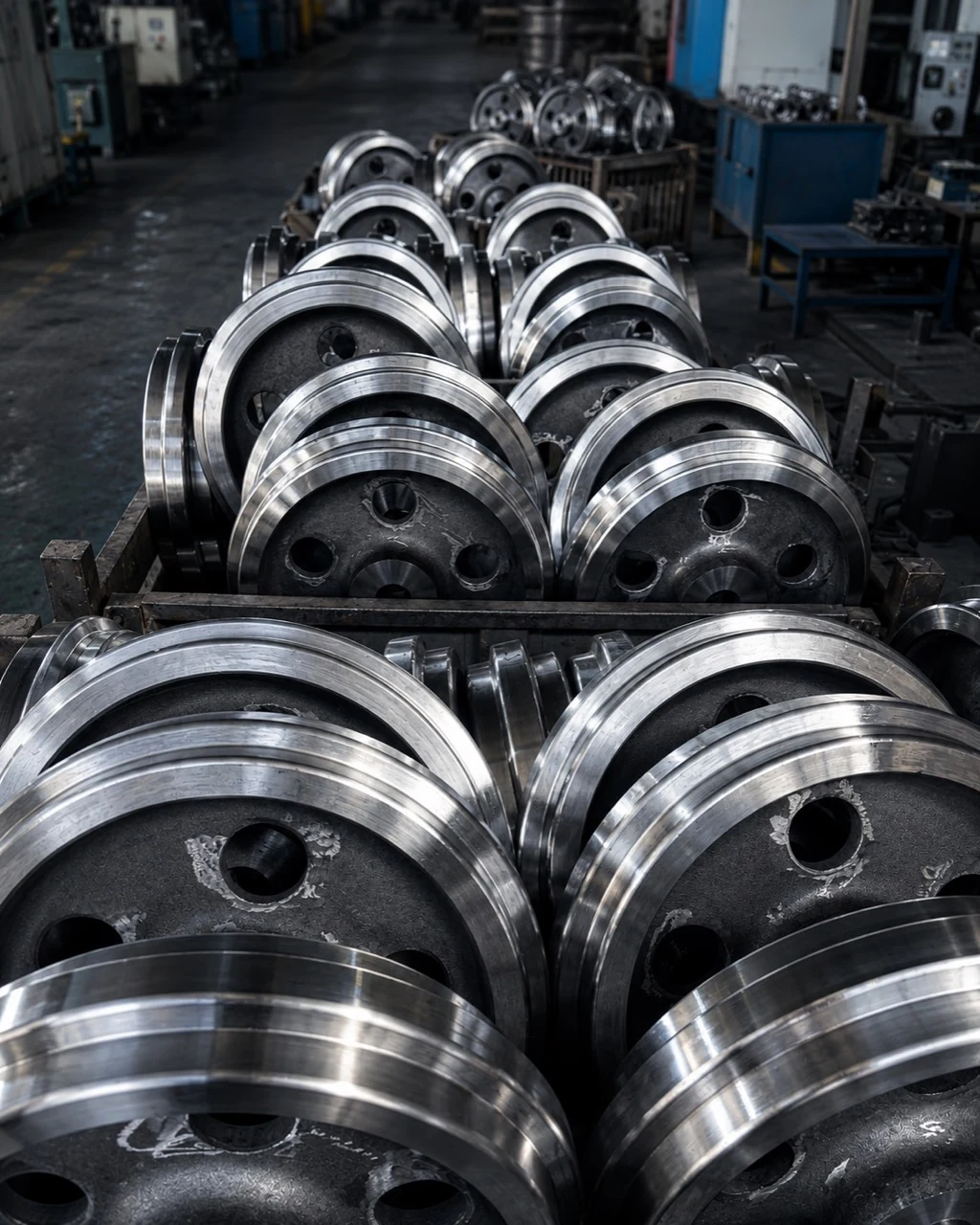 Production batch of machined forged wheel components